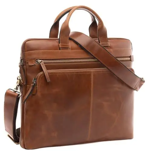 Produktbild: SID & VAIN große Laptoptasche schmal echt Leder - 14 Zoll Laptop Business-Tasche Carson - Umhängetasche Aktentasche mit Laptop-Fach - Ledertasche Herren und Damen braun handgefertigt
