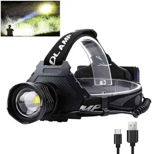 Produktbild: SIDARK Stirnlampe LED Wiederaufladbar 100000 Hohe Lumen, Superhelle 9000mAh Akku Kopflampe mit 5 Lichtmodi & IPX7 Wasserdicht & Zoombar, 90° Einstellbar Stirnlampen für Camping, Angeln, Notfälle