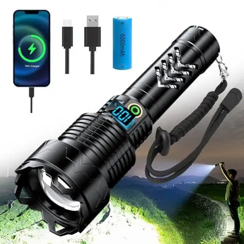 Produktbild: SIDARK Taschenlampe LED Aufladbar mit Power Anzeige, 50000 Lumen LED Taschenlampe Extrem Hell, 5 Modi Zoombare Taktische Starke Taschenlampen, IPX7 Wasserdicht LED Taschenlampe für Outdoor-Schwarz