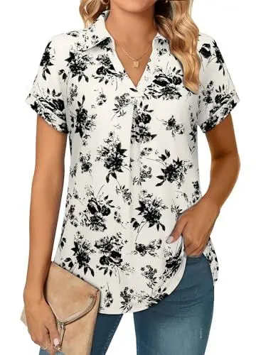 Produktbild: Siddhe Bluse Damen Elegant Festliche Hochzeit Oberteile Damen V Ausschnitt Weiße Sommer T-Shirt Damen Kurzarm Shirts Damen Baumwolle Modern Schönes Blusen & Tuniken für Damen Longbluse Tunikabluse XXL