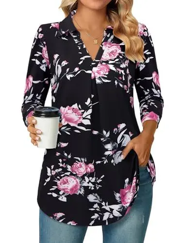 Produktbild: Siddhe Bluse Damen Elegant Tunika Tops Sommer 3/4 Arm Oberteile V-Ausschnitt T-Shirt Lockere Arbeits Tops Lässige Longshirt A-Linie Damenblusen Shirt Weiche Mode Flowy Hemd Schwarz, Blumen XL