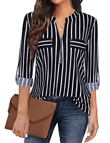 Produktbild: Siddhe Damen 3/4 Ärme Bluse V-Ausschnitt Longbluse Reißverschluss Tunika Business Oberteile Tops A-Linie T-Shirt Gestreifte Arbeit Hemd Langarmshirts Schwarz Gestreifte, S