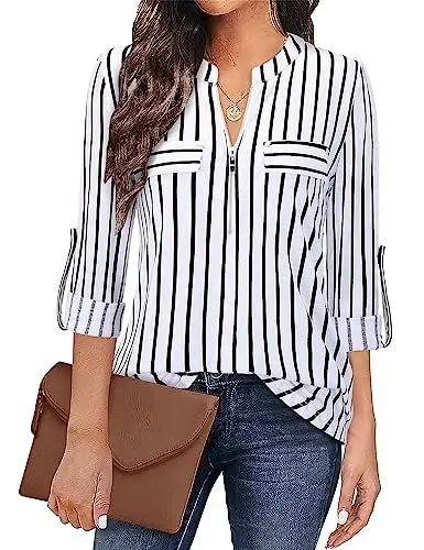 Produktbild: Siddhe Damen V-Ausschnitt Bluse 3/4 Ärmel Tunika Oberteile Elegant T-Shirt Reißverschluss Tops Longshirt A-Linie Arbeit Hemd Lässige Langarmshirts Damenblusen Weiß Streifen, XXXL