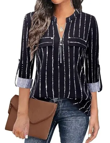 Produktbild: Siddhe Damenmode 3/4 Ärmel Shirt Damen Tunika Elegant Tops V-Ausschnitt Damen Oberteile Reißverschluss Longshirt Arbeit Hemd Damen Longshirt Business Oberteile Schwarz Gestreifte, L