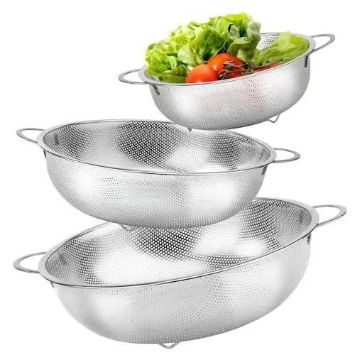 Produktbild: Sieb 3er-Set, Edelstahl Mikroperforiertes Küchensieb Nudelsieb mit Griffen, Rostfrei Abtropfsieb Seiher zum Ablaufen & Spülen für Küche Nudeln Obst Reis Gemüse, Spülmaschinenfest (16/22/28cm)
