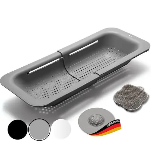 Produktbild: Black Sweden Home Sieb Küche - ausziehbar - inklusive Abflusssieb und Silikonschwamm - BPA frei - Spülbecken Sieb, Küchensieb, Nudelsieb, Siebkorb Spüle, Spülbecken Organizer, Abtropfsieb - Grau