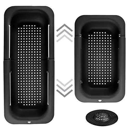 Produktbild: MATAMC Spülbecken-Sieb, Siebkorb über der Spüle, Spülbeckensieb ausziehbar (34,5-47,5cm) mit Abflusssieb, Küchenutensilien für Spülen, Abtropfen, Auftauen, Lufttrocknen - Gemüse (Schwarz)