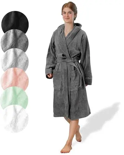 Produktbild: SIEGENTHAL® Damen Bademantel Frottee Velour 100% Baumwolle mit Kapuze Flauschig Kurz Knielang - Dunkelgrau L - XL