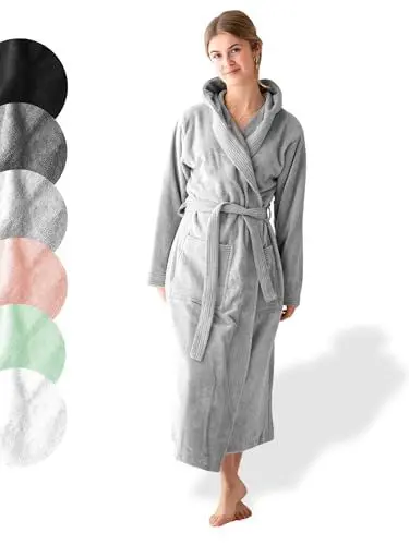 Produktbild: SIEGENTHAL® Damen Bademantel Frottee Velour 100% Baumwolle mit Kapuze Flauschig - Hellgrau S - M
