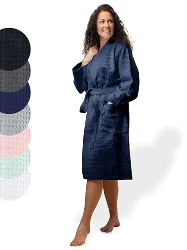 Produktbild: SIEGENTHAL® Damen Bademantel Waffelpique 100% Baumwolle mit Schalkragen Leicht Morgenmantel - Dunkelblau L - XL