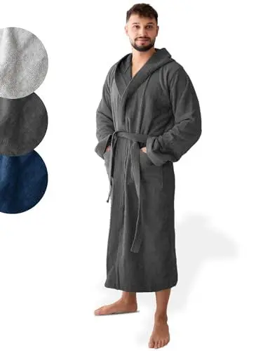 Produktbild: SIEGENTHAL® Herren Bademantel Frottee Velours 100% Baumwolle - Kapuzenbademantel, weich, saugfähig, warm, lang, Luxus, Premium, Wellness, Spa, hochwertige Verarbeitung, Dunkelgrau XL XXL