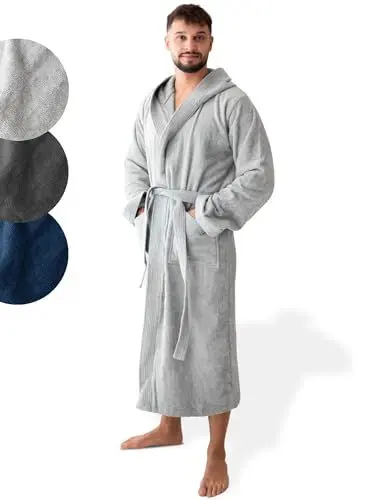 Produktbild: SIEGENTHAL® Herren Bademantel Frottee Velours 100% Baumwolle - Kapuzenbademantel, weich, saugfähig, warm, lang, Luxus, Premium, Wellness, Spa, hochwertige Verarbeitung, Hellgrau M L