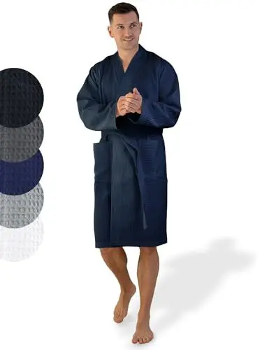 Produktbild: SIEGENTHAL® Herren Bademantel Waffelpique 100% Baumwolle mit Schalkragen Leicht Morgenmantel - Dunkelblau M - L