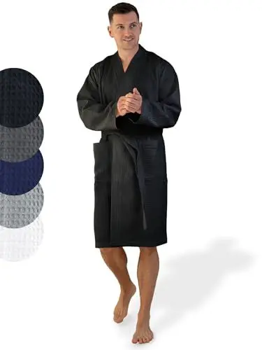 Produktbild: SIEGENTHAL® Herren Bademantel Waffelpique 100% Baumwolle mit Schalkragen Leicht Morgenmantel - Schwarz M - L