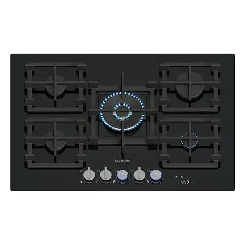 Produktbild: Siemens ER7A6RH40 iQ700 Gaskochfeld, 75 cm, stepFlame Technologie, cookConnect, Intelligente Dunstabzugsautomatik, Digitales Display, Abnehmbare Metallknebel, Hartglas, Home Connect, Schwarz