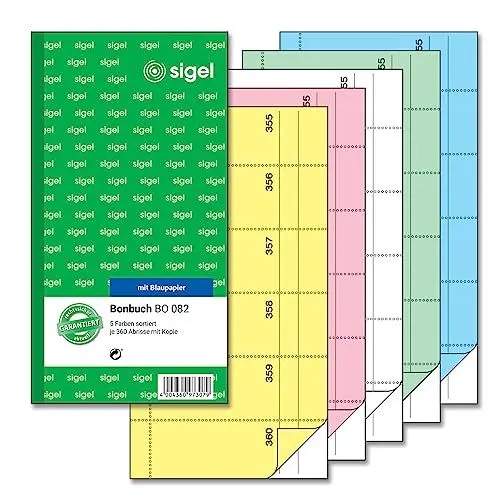 Produktbild: SIGEL BO082 Bonbücher Sparpack im 5er Set á 360 Abrisse in gelb, rosa, weiß, grün, blau, 10,5 x 20 cm, 2x60 Blatt (jeweils nummeriert von 1 - 360)
