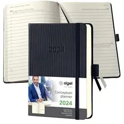 Produktbild: SIGEL C2411 Terminplaner Tageskalender 2024, ca. A6, schwarz, Hardcover, 400 Seiten, Gummiband, Stiftschlaufe, Archivtasche, PEFC-zertifiziert, Conceptum