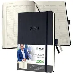Produktbild: SIGEL C2419 Planungsbuch Terminplaner Wochenkalender 2024, ca. A5, 1 Woche = 2 Seiten, 1 Spalte pro Tag, schwarz, Hardcover, 192 Seiten, Stiftschlaufe, Archivtasche, Conceptum