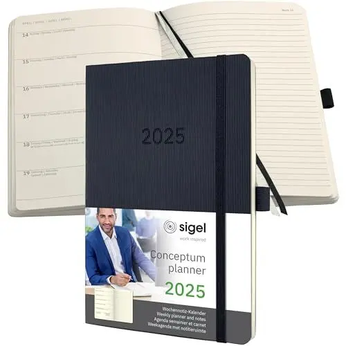 Produktbild: SIGEL C2524 Terminplaner Wochennotiz-Kalender 2025, ca. A5, schwarz, Softcover, 192 Seiten, Gummiband, Stiftschlaufe, Archivtasche, aus nachhaltigem Papier, Conceptum