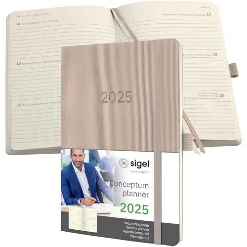 Produktbild: SIGEL C2530 Wochenplaner Wochenkalender 2025, ca. A5, taupe, Softcover, 192 Seiten, Gummiband, Stiftschlaufe, Archivtasche, aus nachhaltigem Papier, Conceptum