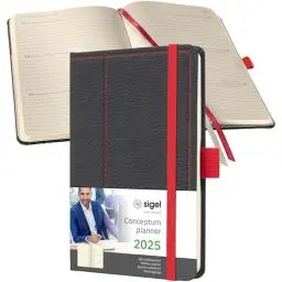 Produktbild: SIGEL C2556 Wochenplaner Wochenkalender 2025, Lederoptik, ca. A6, dunkelgrau/rot, Hardcover, 176 Seiten, Gummiband, Stiftschlaufe, Archivtasche, aus nachhaltigem Papier, Conceptum