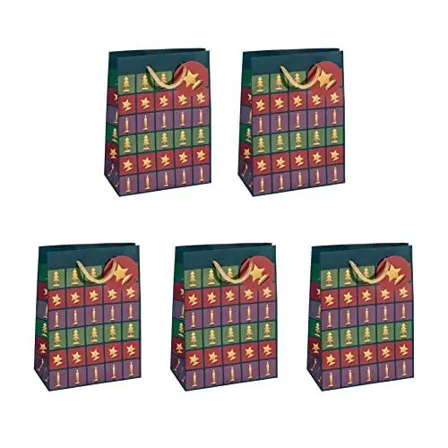 Produktbild: Sigel GT047/5 mittelgroße Papier-Geschenktüten, 5er Set, 23 x 17 cm, grün, rot, violett, Weihnachten 