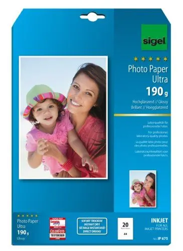 Produktbild: SIGEL IP675 InkJet-Fotopapier Ultra, A4, 20 Blatt, hochglänzend, extrem lichtbeständig, 190 g, für hochwertige Fotografien