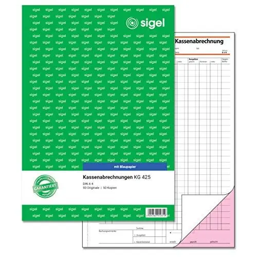 Produktbild: SIGEL KG425 Kassenabrechnung A4, 2x50 Blatt, mit Blaupapier, ultrafeiner Mikroperforation, Für exakte Einnahmen-/Ausgaben-Rechnung mit Ausweis des MwSt.- und Netto-Betrages