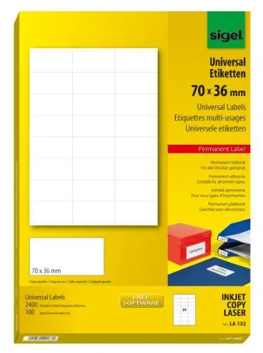 Produktbild: SIGEL LA132 Universal-Etiketten selbstklebend, bedruckbar, weiß, 70 x 36 mm, 2400 Etiketten = 100 Blatt