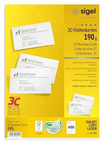 Produktbild: SIGEL LP791 bedruckbare Visitenkarten 3C, 400 Stück (40 Blatt), hochweiß, glatter Schnitt rundum, 190 g, 85x55 mm
