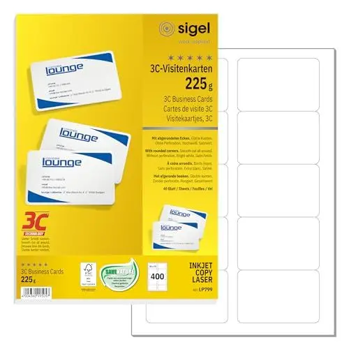 Produktbild: SIGEL LP799 bedruckbare Karten, 400 Stück (40 Blatt A4), hochweiß, abgerundete Ecken, Visitenkarten, Blanko Spielkarten zum Beschriften, glatter Schnitt, 225 g, 85x55 mm, nachhaltiges Papier