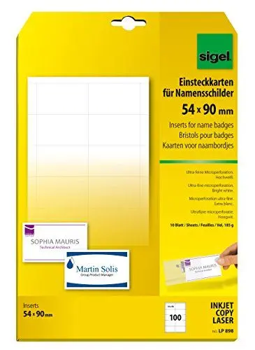 Produktbild: SIGEL LP898 Einsteckkarten für Namensschilder weiß, 54x90 mm (A4), 100 Stück, Beschriftungsschilder, mit ultra-feiner Mikroperforation