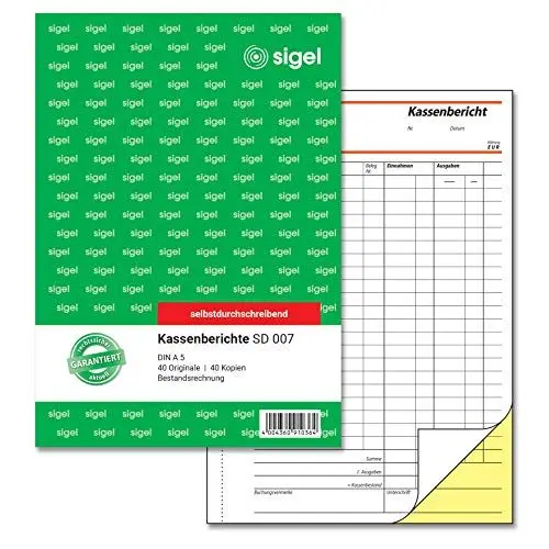 Produktbild: SIGEL SD007 Kassenbericht / Bestandsrechnung A5, 2x40 Blatt, selbstdurchschreibend, 1 Stück, mikroperforiert, mit Abheftlochung, aus nachhaltigem Papier