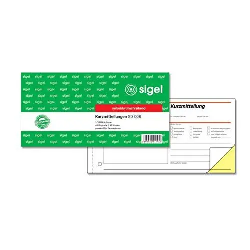 Produktbild: SIGEL SD008 Kurzmitteilungsblock 1/3 A4 quer, 2x40 Blatt, selbstdurchschreibend, 1 Stück, aus nachhaltigem Papier