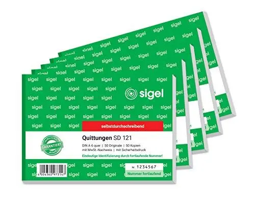 Produktbild: SIGEL SD121/5 Quittungsblock fortlaufend nummeriert, eindeutige 7stellige Nummer, A6 quer, 5 Stück, 2x50 Blatt, selbstdurchschreibend, aus nachhaltigem Papier