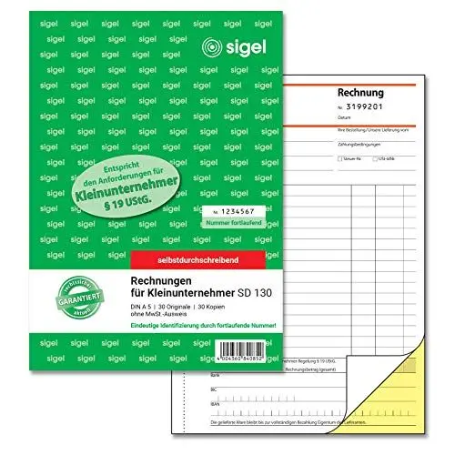 Produktbild: SIGEL SD130 Rechnungen für Kleinunternehmer A5, 2x30 Blatt, selbstdurchschreibend, aus nachhaltigem Papier, Rechnungsblock