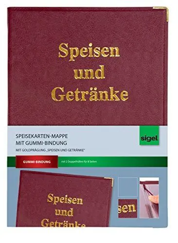 Produktbild: SIGEL SM102 Speisekarten-Mappe für A4, Menükarte, mit Gummi-Bindung, bordeauxrot mit Goldprägung, strapazierfähig und leicht abwischbar