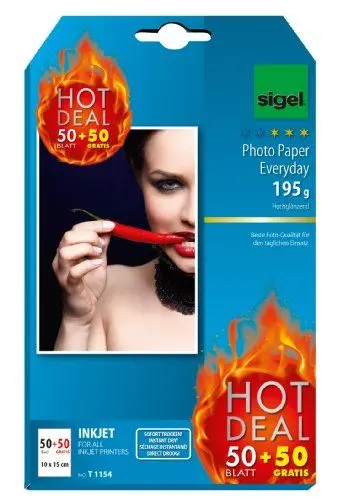 Produktbild: SIGEL T1154 InkJet Fotopapier, 50 + 50 Blatt gratis, 10 x 15 cm, hochglänzend, 195 g