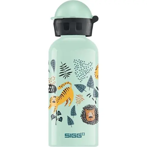 Produktbild: SIGG - Alu Trinkflasche Kinder - KBT Jungle Tzz - Auslaufsicher & Bruchsicher - Federleicht - BPA-frei - Klimaneutral Zertifiziert - Sport & Schule - Weissgrün mit Wildtieren im Dschungel - 0,4L