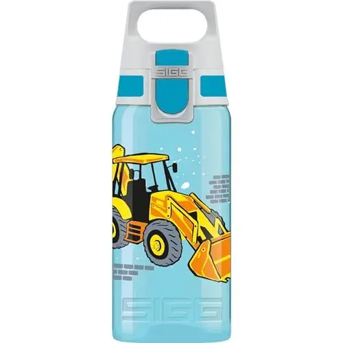 Produktbild: SIGG - Trinkflasche Kinder - Viva One Builder - Für Kohlensäurehaltige Getränke Geeignet - Auslaufsicher - Spülmaschinenfest - BPA-frei - Sport & Schule - Blau mit Baggerlader - 0,5L