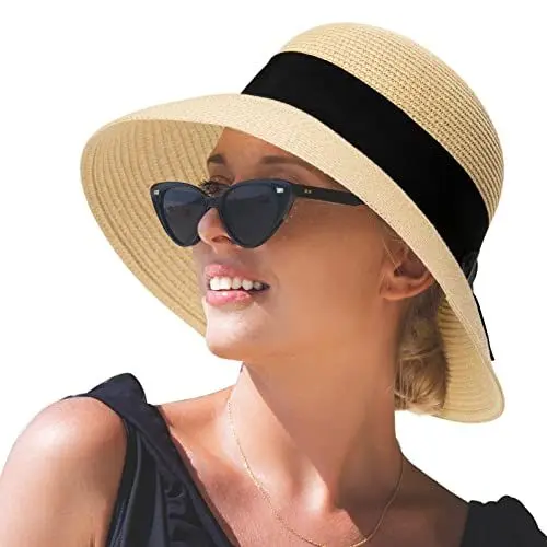 Produktbild: SIGGI Stroh Sommerhut mit Sonnen Shade für Damen schlaffer Strand Sonnenhut Breite Krempe, 69087_Beige, L