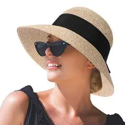 Produktbild: SIGGI Stroh Sommerhut mit Sonnen Shade für Damen schlaffer Strand Sonnenhut Breite Krempe, 69087_Beigemix, L