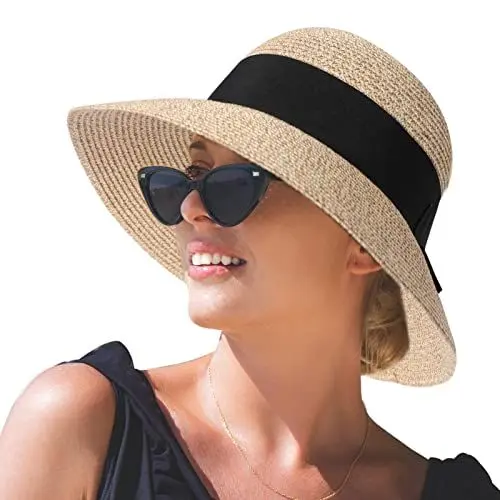 Produktbild: SIGGI Stroh Sommerhut mit Sonnen Shade für Damen schlaffer Strand Sonnenhut Breite Krempe, 69087_Beigemix, L