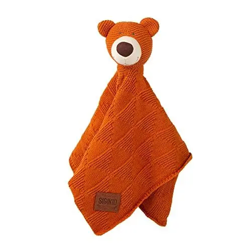 Produktbild: SIGIKID 39632 Strick-Schnuffeltuch Bär Knitted Love, kuschelweiches Schmusetuch aus Baumwollstrick Einschlafhilfe und Tröster für Babys & Kinder von 0-36 Monaten, Orange, 40x40x7 cm