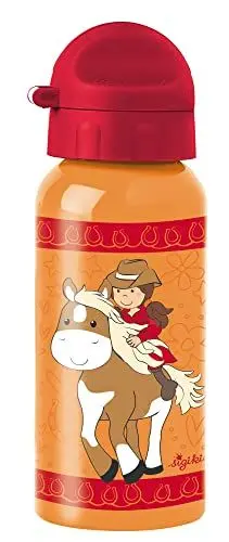 Produktbild: SIGIKID Edelstahl Trinkflasche Gina Galopp, auslaufsicher, BPA-frei, robust, leicht, Drehverschluss zerlegbar, gut zu reinigen, für Kinder 3-8 Jahre, Art.-Nr. 25289, Pferde/orange-rot 400 ml