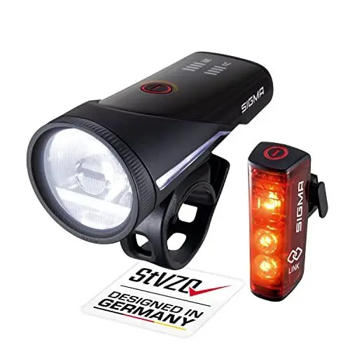 Produktbild: SIGMA Fahrradlicht Set Aura 100/Blaze Link (Silikonhalterung) | Innovative Kopplungsfunktion & Automatische Lichtanpassung| LED Fahrrad Licht Vorne mit 100 Lux | Rücklicht mit Bremslichtfunktion