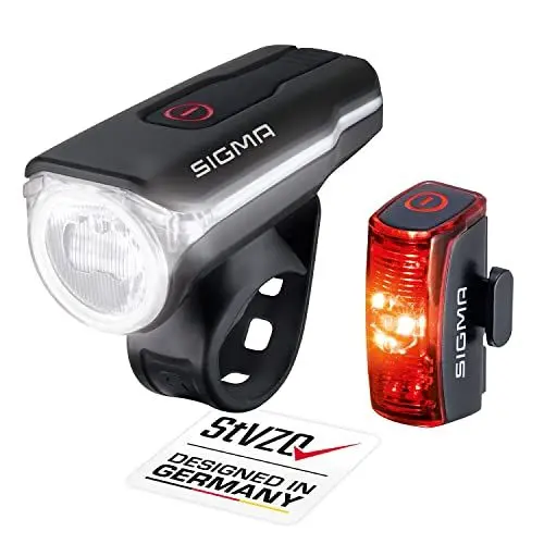 Produktbild: Sigma LED Fahrradlicht Set Aura 60 und Infinity | StVZO zugelassenes, akkubetriebenes Vorderlicht und Rücklicht | spritzwassergeschütztes Fahrradbeleuchtungsset