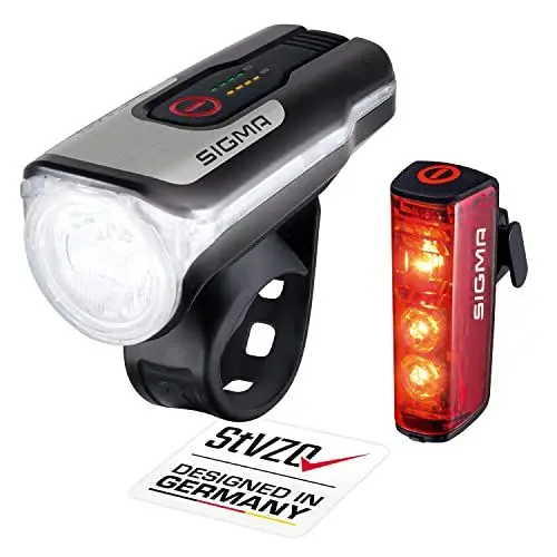 Produktbild: Sigma LED Fahrradlicht Set Aura 80 und Blaze | StVZO zugelassenes, akkubetriebenes Vorderlicht und Rücklicht mit Bremsfunktion | wetterfestes, wiederaufladbares Beleuchtungsset