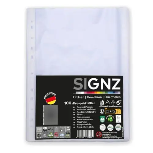 Produktbild: SIGNZ Prospekthüllen (DIN A4, 40 my), 100 Stück, genarbt, CO2-neutral hergestellt, made in Germany