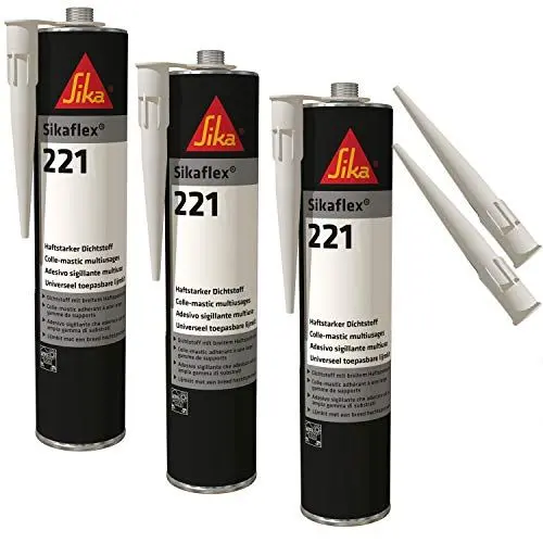 Produktbild: Sikaflex-221 witterungsbeständiger Haftstarker Dichtstoff, 300ml, Schwarz, 3 Set mit 5 Düsenspitzen